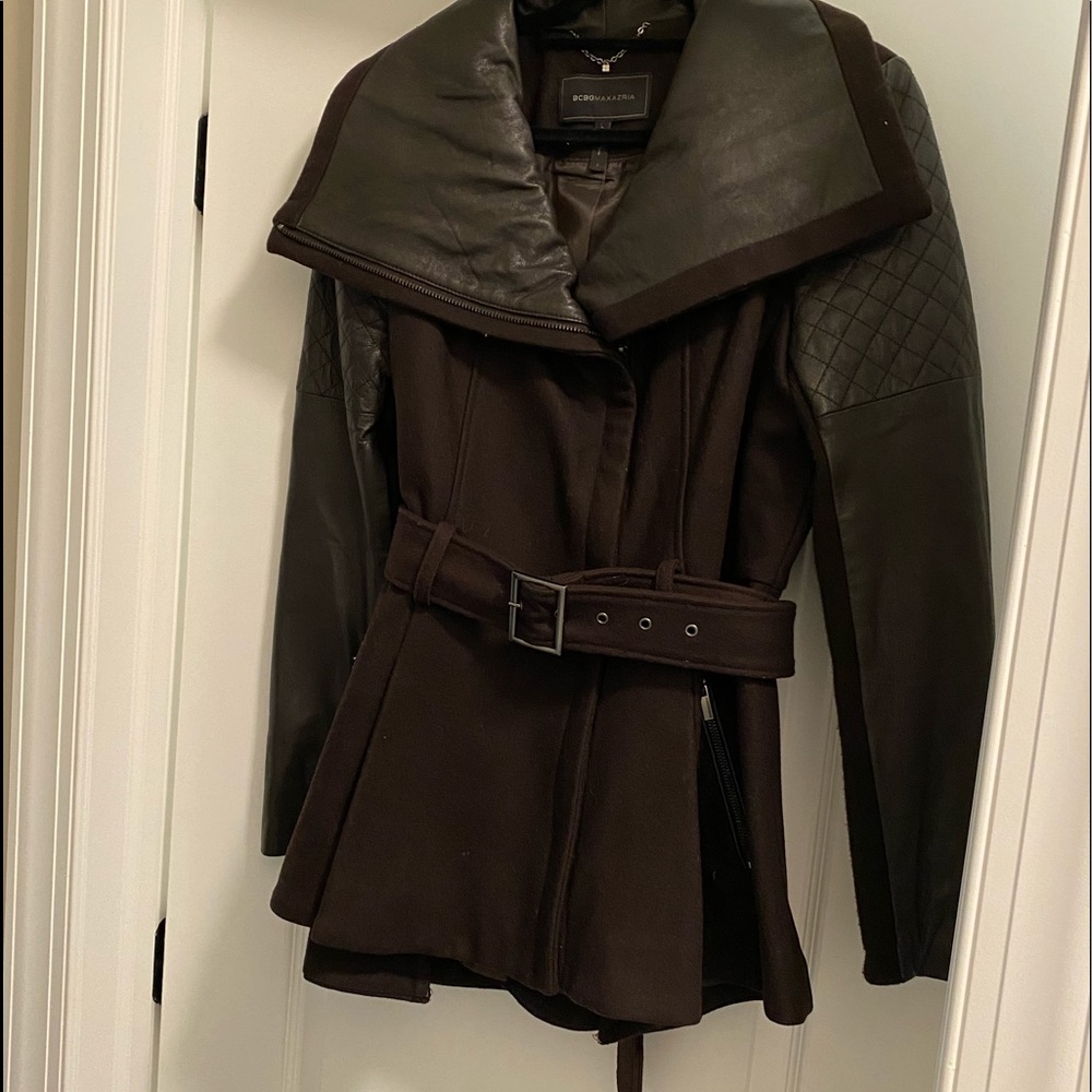 BCBGMAXAZRIA WOMENS wool and leather coat